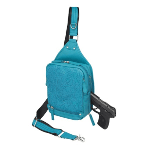 GUN TOTE'N MAMAS Mini Sling, Debossed USA Cowhide Conceal Carry Cross Body Purse | Turquoise Blue