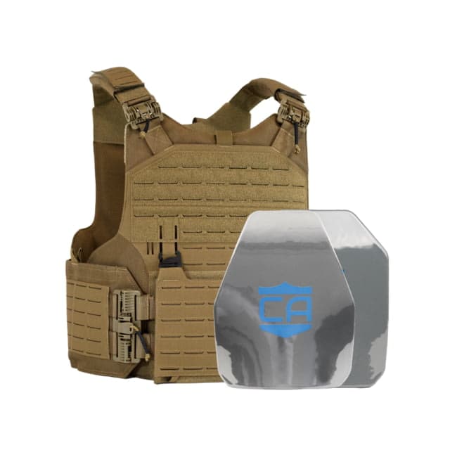 Caliber Armor AR550 w/ M.O.D. NIJ III+ PolyShield Complete Plate Carrier Package Shooters/SAPI Coyote Tan  19-AR551