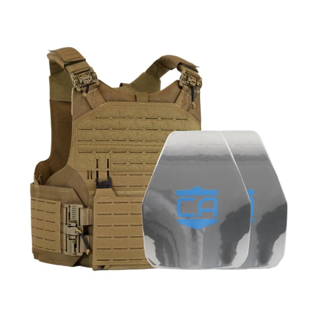 Caliber Armor AR550 w/ M.O.D. NIJ III+ PolyShield Complete Plate Carrier Package - Set of 2 Shooters Coyote Tan dium