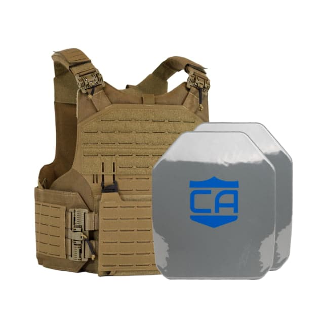 Caliber Armor AR550 w/ M.O.D. NIJ III+ PolyShield Complete Plate Carrier Package - Set of 2 SAPI Coyote Tan ge