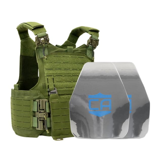 Caliber Armor AR550 w/ M.O.D. NIJ III+ PolyShield Complete Plate Carrier Package - Set of 2 Shooters OD Green dium