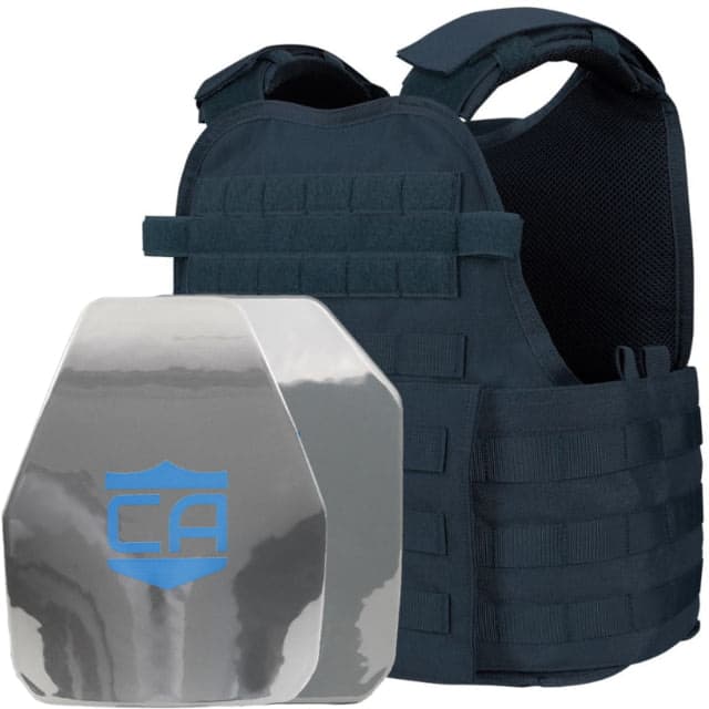 Caliber Armor AR550 Level III+ Body Armor w/PolyShield and Condor MOPC Complete Plate Carrier Package SAPI Cut/Shooters Cut Navy Blue