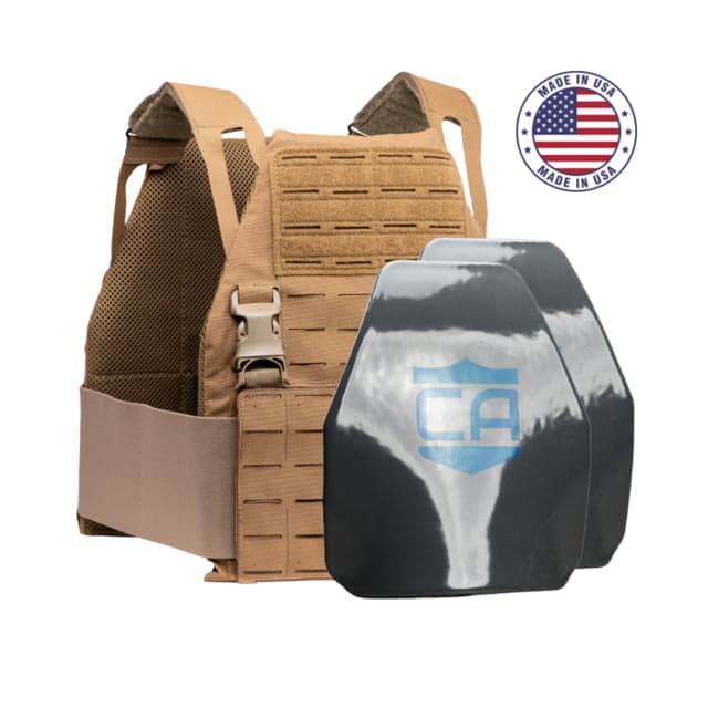 Caliber Armor Caliber AR550 DV8 III+ PolyShield Complete Plate Carrier Package Shooters Coyote Tan 11x14in