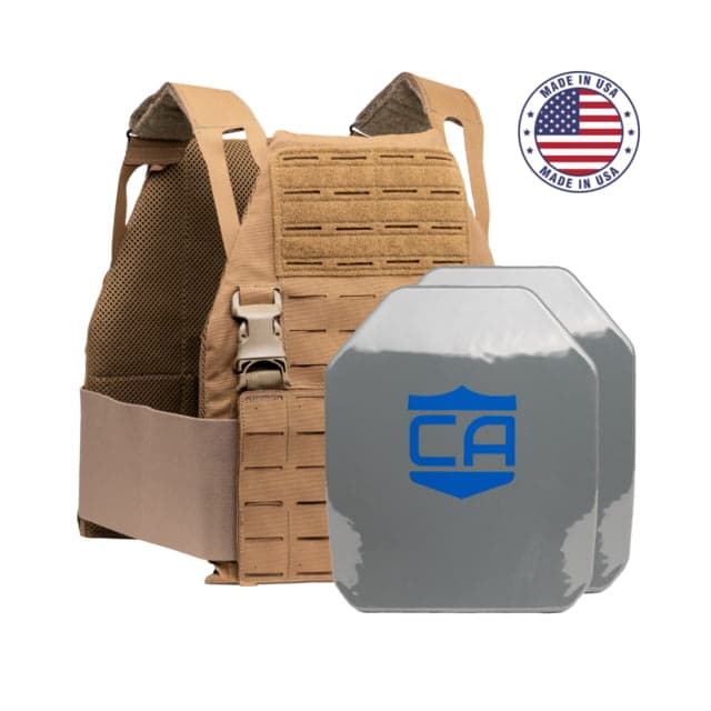 Caliber Armor Caliber AR550 DV8 III+ PolyShield Complete Plate Carrier Package SAPI Coyote Tan 10x12in