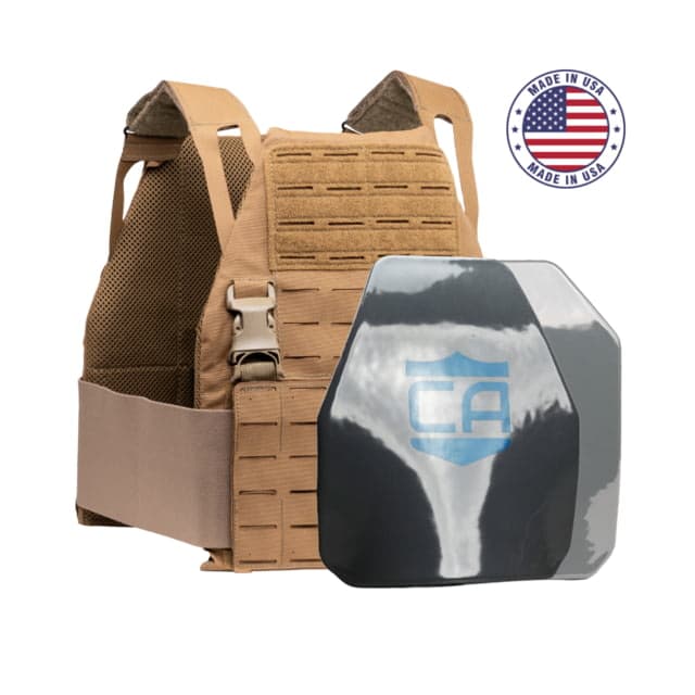 Caliber Armor Caliber AR550 DV8 III+ PolyShield Complete Plate Carrier Package Shooters/SAPI Coyote Tan 10x12in 19-AR55C