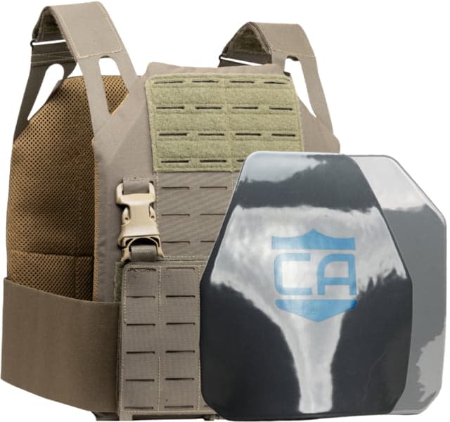 Caliber Armor Caliber AR550 DV8 - Level III+ Body PolyShield Armor Complete Plate Carrier Package Shooter/SAPI Cut Ranger Green 10x12in