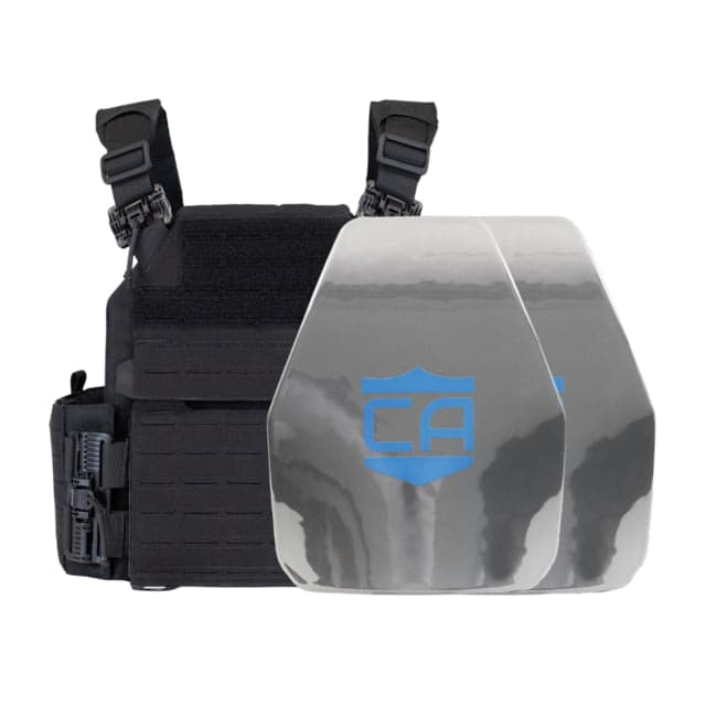 Caliber Armor AR550 NIJ III+ Recon PolyShield Complete Plate Carrier Package - Set of 2 Shooters Black