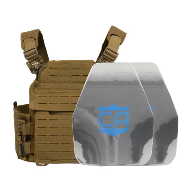 Caliber Armor AR550 NIJ III+ Recon PolyShield Complete Plate Carrier Package - Set of 2 Shooters Coyote Tan