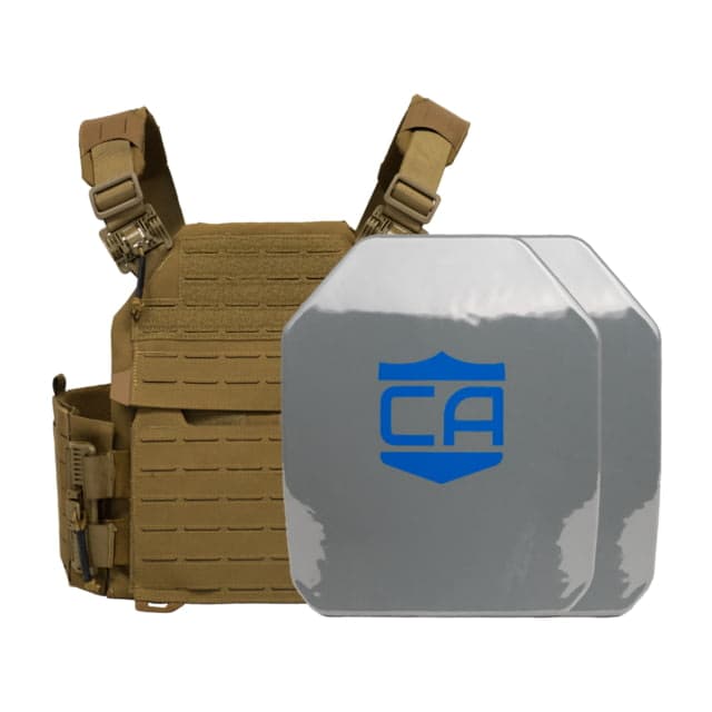 Caliber Armor AR550 NIJ III+ Recon PolyShield Complete Plate Carrier Package - Set of 2 Coyote Tan