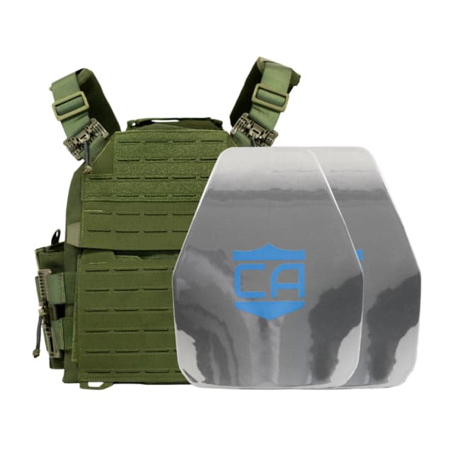 Caliber Armor AR550 NIJ III+ Recon PolyShield Complete Plate Carrier Package - Set of 2 Shooters OD Green