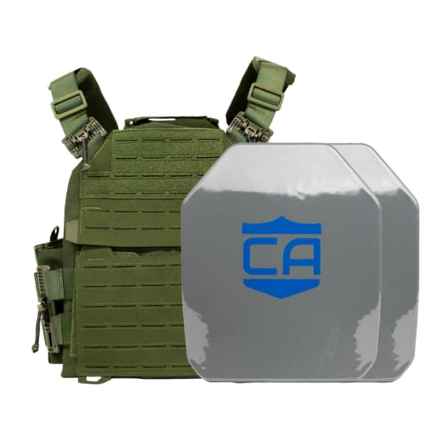 Caliber Armor AR550 NIJ III+ Recon PolyShield Complete Plate Carrier Package - Set of 2 SAPI OD Green