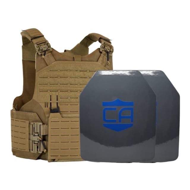 Caliber Armor CaliberHX Speed Plate NIJ IIIA/HG2 M.O.D. Complete Plate Carrier Package - Set of 2 SAPI Coyote Tan n/Large