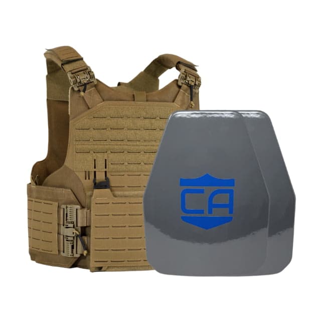 Caliber Armor UHMWPE Maritime NIJ III w/ M.O.D. Complete Plate Carrier Package - Set of 2 Shooters Coyote Tan 10x13.5in/Large 19-UHMWPE