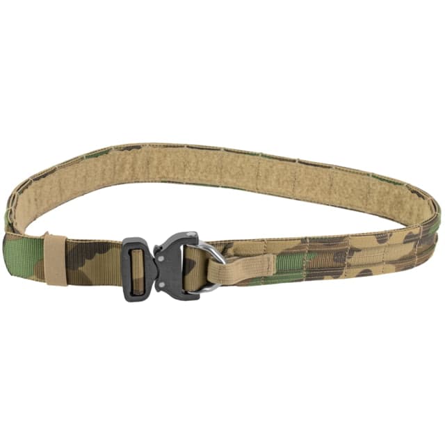 Eagle Industries Medium Woodland Camo Operator Gun Belt Cobra Buckle closure with built-in D-Ring attachment