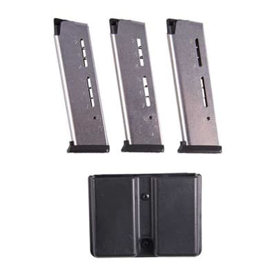 Elite Tactical 1911 45 Acp Magazines With Pouch - Govt .45 Acp 8-Rd, Silver, Polymer Base 3-Pack W/Pouch