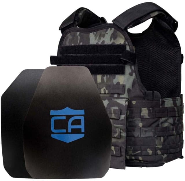 Caliber Armor AR550 Level III+ Body Armor and Condor MOPC Package SAPI Style + Shooter Cut Black Multicam Medium/2XL