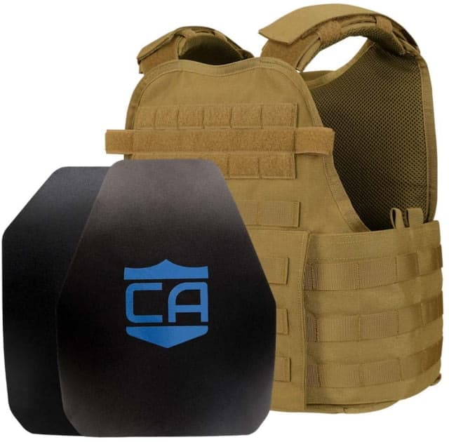 Caliber Armor AR550 Level III+ Body Armor and Condor MOPC Package SAPI Style + Shooter Cut Coyote Brown Medium/2XL