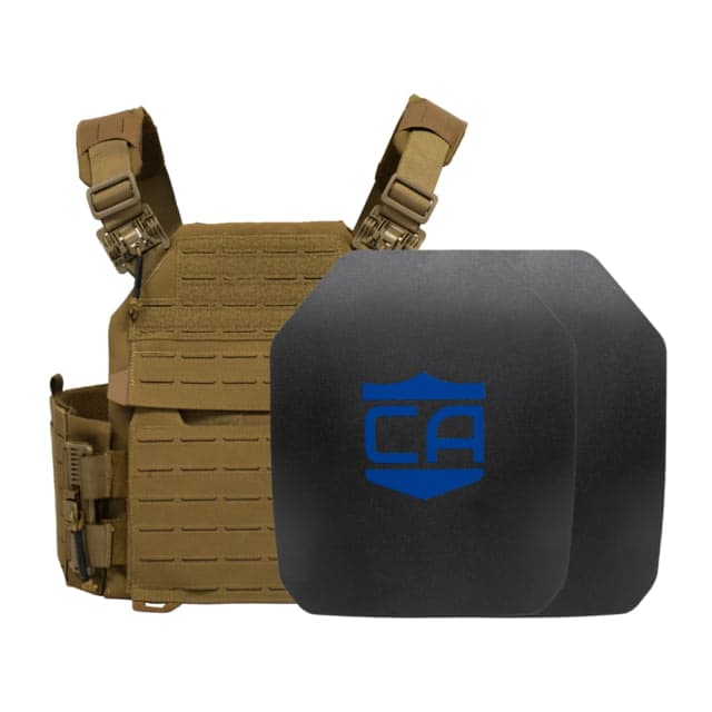 Caliber Armor AR550 NIJ III+ Recon Complete Plate Carrier Package - Set of 2 SAPI Coyote Tan