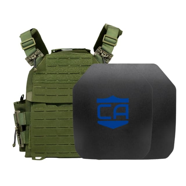 Caliber Armor AR550 NIJ III+ Recon Complete Plate Carrier Package - Set of 2 SAPI OD Green