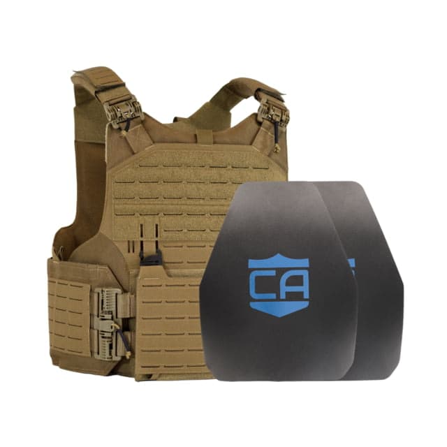 Caliber Armor AR550 w/ M.O.D. NIJ III+ Standard Complete Plate Carrier Package - Set of 2 Shooters Coyote Tan n/Medium