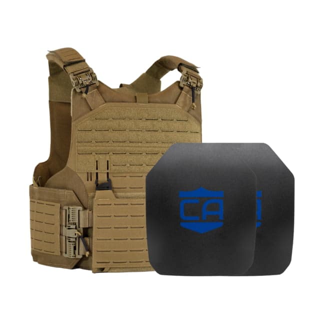 Caliber Armor AR550 w/ M.O.D. NIJ III+ Standard Complete Plate Carrier Package - Set of 2 SAPI Coyote Tan /Medium