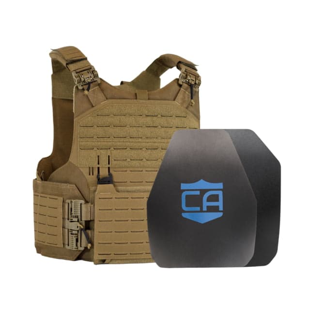 Caliber Armor AR550 w/ M.O.D. NIJ III+ Standard Complete Plate Carrier Package SAPI/Shooters Coyote Tan 19-ARY