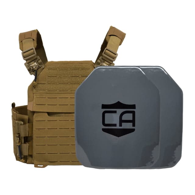 Caliber Armor AV2 NIJ III+/RF2 Recon Complete Plate Carrier Package - Set of 2 SAPI Coyote Tan