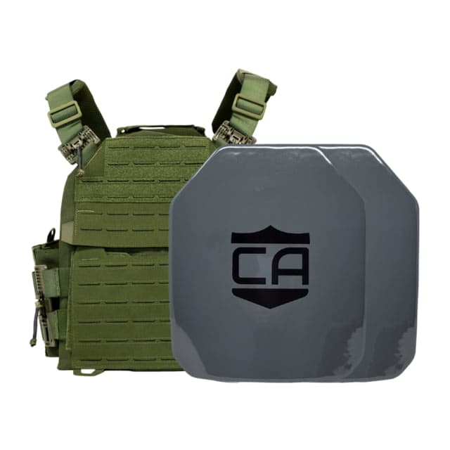 Caliber Armor AV2 NIJ III+/RF2 Recon Complete Plate Carrier Package - Set of 2 SAPI OD Green