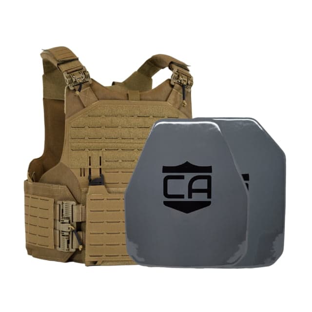 Caliber Armor AV2 Package NIJ III+/RF2 M.O.D. Complete Plate Carrier Package Shooters/SAPI Coyote Tan