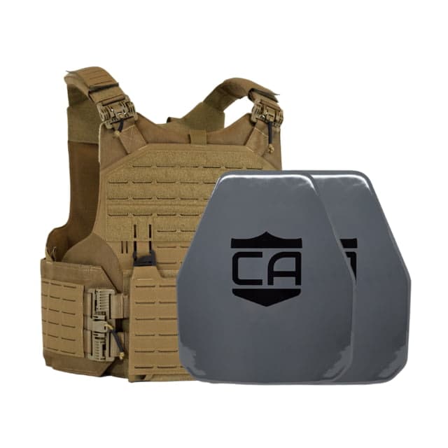 Caliber Armor AV2 Package - Set of 2 NIJ III+/RF2 M.O.D. Complete Plate Carrier Package - Set of 2 Shooters Coyote Tan n/Large