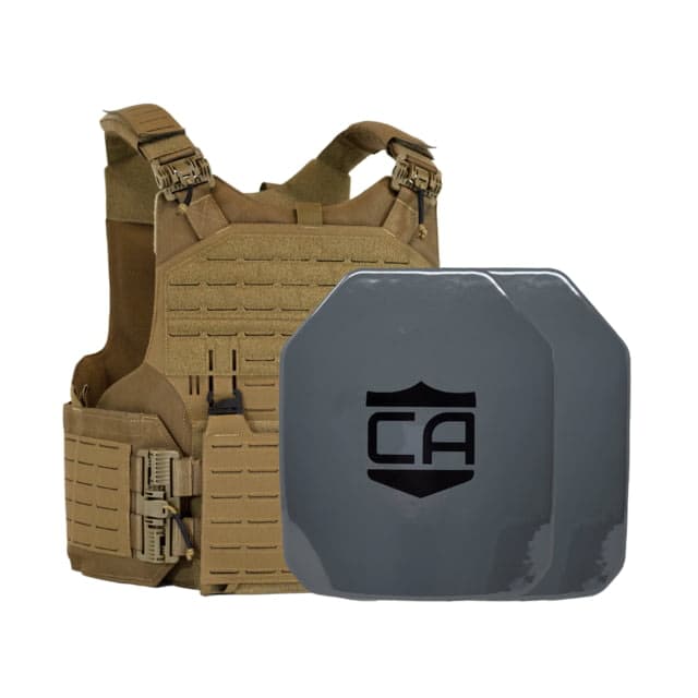 Caliber Armor AV2 Package - Set of 2 NIJ III+/RF2 M.O.D. Complete Plate Carrier Package - Set of 2 SAPI Coyote Tan /Small