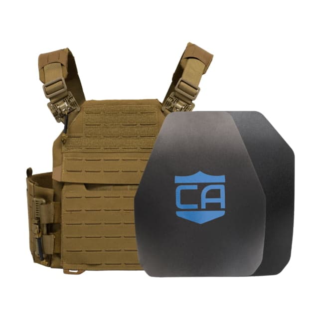 Caliber Armor AR550 NIJ III+ Recon Complete Plate Carrier Package Shooters/SAPI Coyote Tan 19-AR550