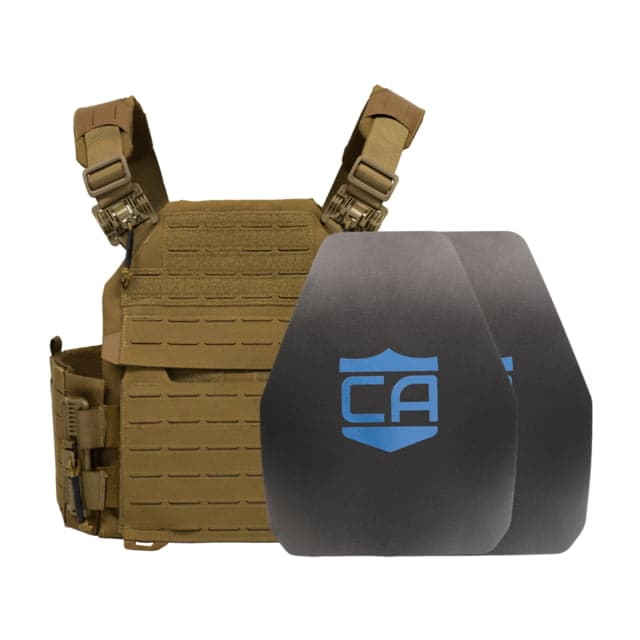 Caliber Armor AR550 NIJ III+ Recon Complete Plate Carrier Package - Set of 2 Shooters Coyote Tan n