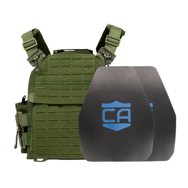 Caliber Armor AR550 NIJ III+ Recon Complete Plate Carrier Package - Set of 2 Shooters OD Green n