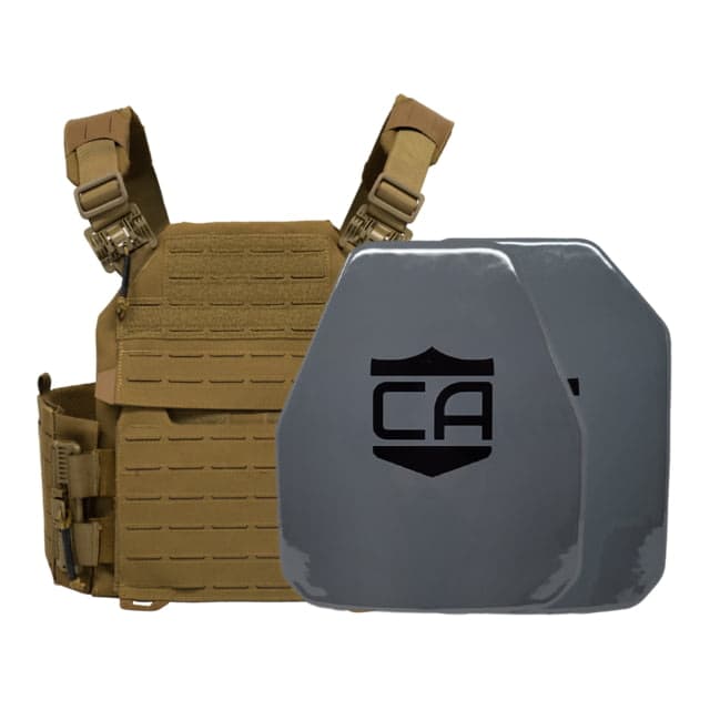 Caliber Armor AV2 NIJ III+/RF2 Recon Complete Plate Carrier Package Shooters/SAPI Coyote Tan