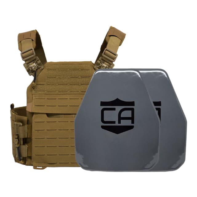 Caliber Armor AV2 NIJ III+/RF2 Recon Complete Plate Carrier Package - Set of 2 Shooters Coyote Tan n