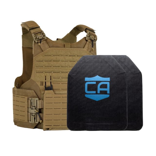 Caliber Armor Level IV w/M.O.D. Complete Plate Carrier Package - Set of 2 SAPI Coyote Tan 9.5x12.5in/Small