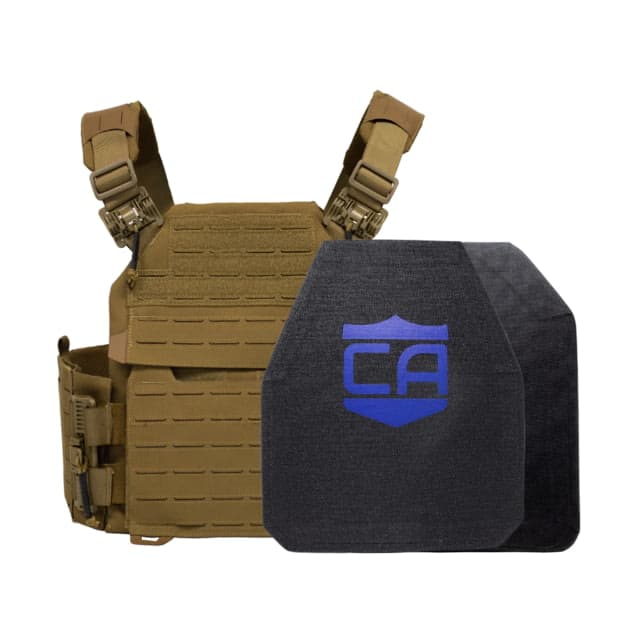 Caliber Armor UHMWPE Maritime NIJ III Recon Complete Plate Carrier Package Shooters/SAPI Coyote Tan 10x12in/Medium