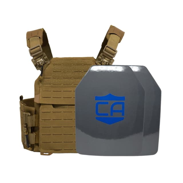 Caliber Armor UHMWPE Maritime NIJ III Recon Complete Plate Carrier Package - Set of 2 SAPI Coyote Tan Medium