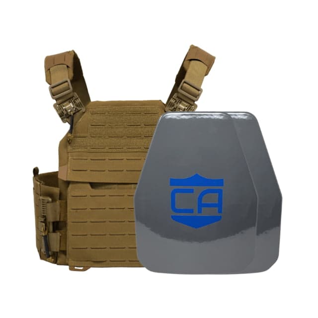 Caliber Armor UHMWPE Maritime NIJ III Recon Complete Plate Carrier Package - Set of 2 Shooters Coyote Tan Medium