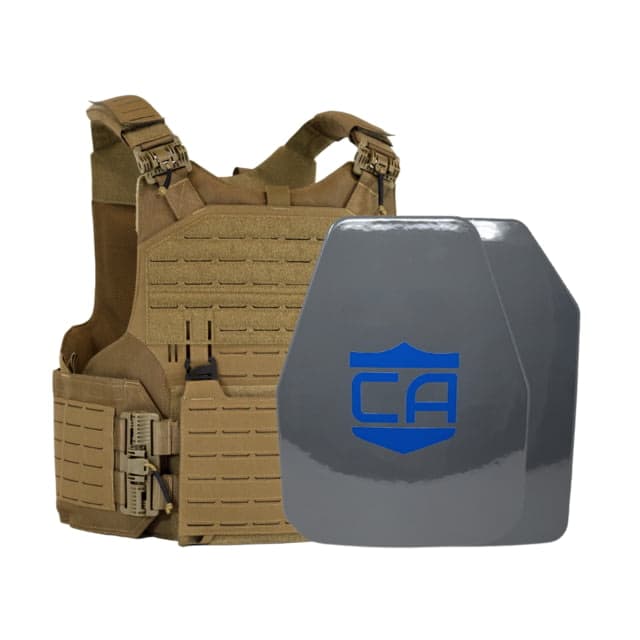 Caliber Armor UHMWPE Maritime NIJ III w/ M.O.D. Complete Plate Carrier Package Shooters/SAPI Coyote Tan 9.5x12.5in/Small
