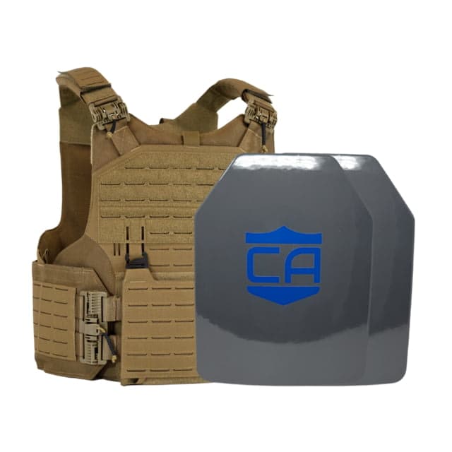 Caliber Armor UHMWPE Maritime NIJ III w/ M.O.D. Complete Plate Carrier Package - Set of 2 SAPI Coyote Tan 9.5x12.5in/Medium