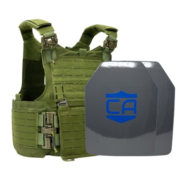 Caliber Armor UHMWPE Maritime NIJ III w/ M.O.D. Complete Plate Carrier Package - Set of 2 SAPI OD Green 9.5x12.5in/Large