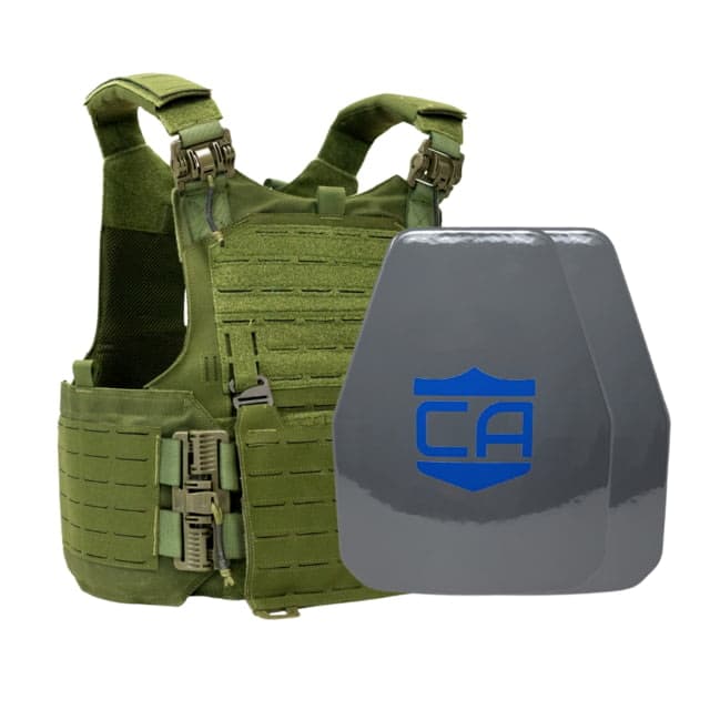 Caliber Armor UHMWPE Maritime NIJ III w/ M.O.D. Complete Plate Carrier Package - Set of 2 Shooters OD Green 10x13.5in/Large