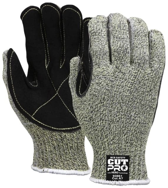 Mcr Safety Cut Pro Hero 7 Gauge Regular Weight Shell Cut Resistant Work Gloves With Leather Palm Black Small