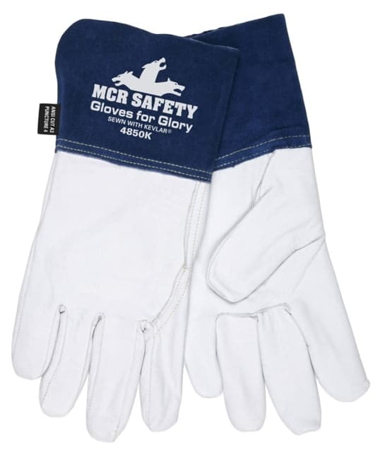 MCR Safety Gloves For Glory Leather Welding Work Gloves Kevlar Lined Premium Grain Goatskin Leather 4.5in Split Cowskin Leather Cuff White and Blue XX