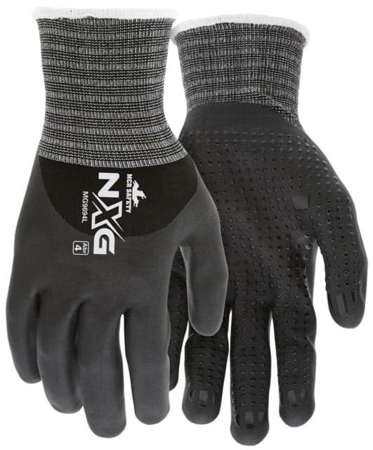 Mcr Safety Nxg Work Gloves 15 Gauge Nylon Spandex Shell Bi-Polymer Coated Palm Fingers And Over Knuckles Nitrile Dotted Palm Black X - Large
