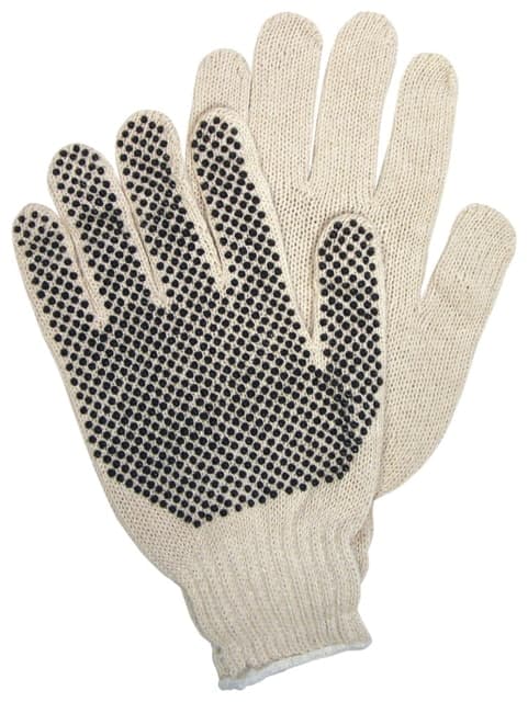 Mcr Safety String Knit Work Gloves 7 Gauge Regular Weight String Knit Cotton/Polyester Fabric Pvc Dotted One Side Black/Natural Medium Inner Pack 12