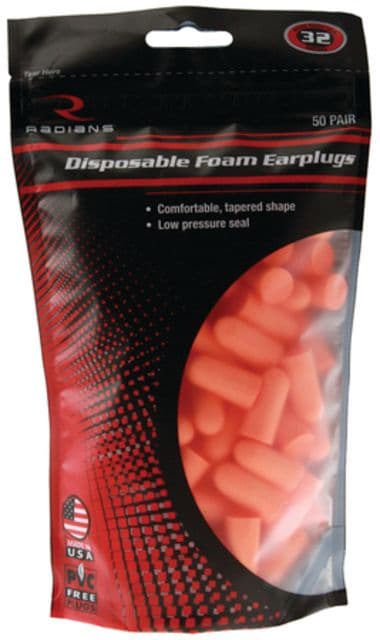 Radians Disposable Foam Earplugs Orange 50 Pair Uncorded Resealable Bag