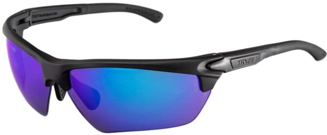 TRYBE Tactical Universal Fit Safety Glasses Adjustable Wire Core Temples and Nose Piece Blue Mirror Lens Black